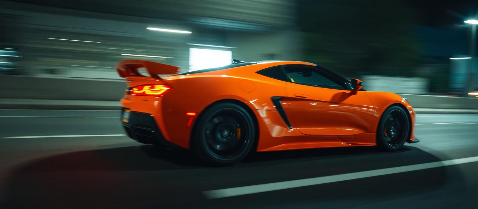 Performance car in motion at dusk
